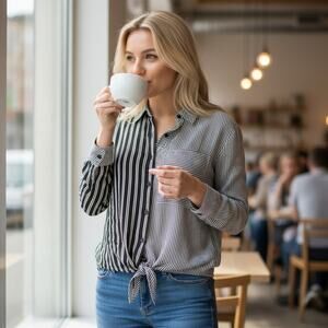 Free People Mixed Stripe Button Top Womens Small Black & Grau Tie Hem Patchwork